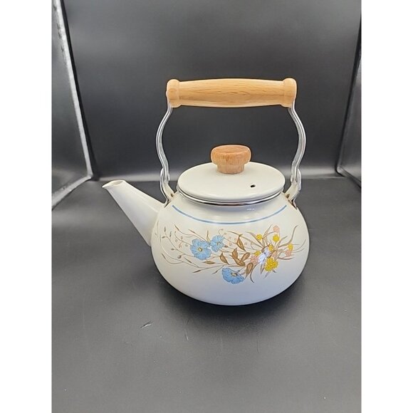 Enamel On Metal Floral Flower Design Tea Pot Teapot Kettle Wood Wooden Handle - Picture 1 of 9